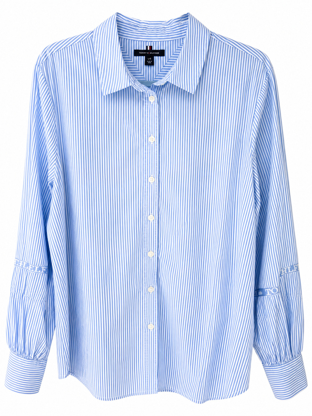 Tommy Hilfiger Blue White Stripe Button Down Shirt L Lace Flag Logo Cotton